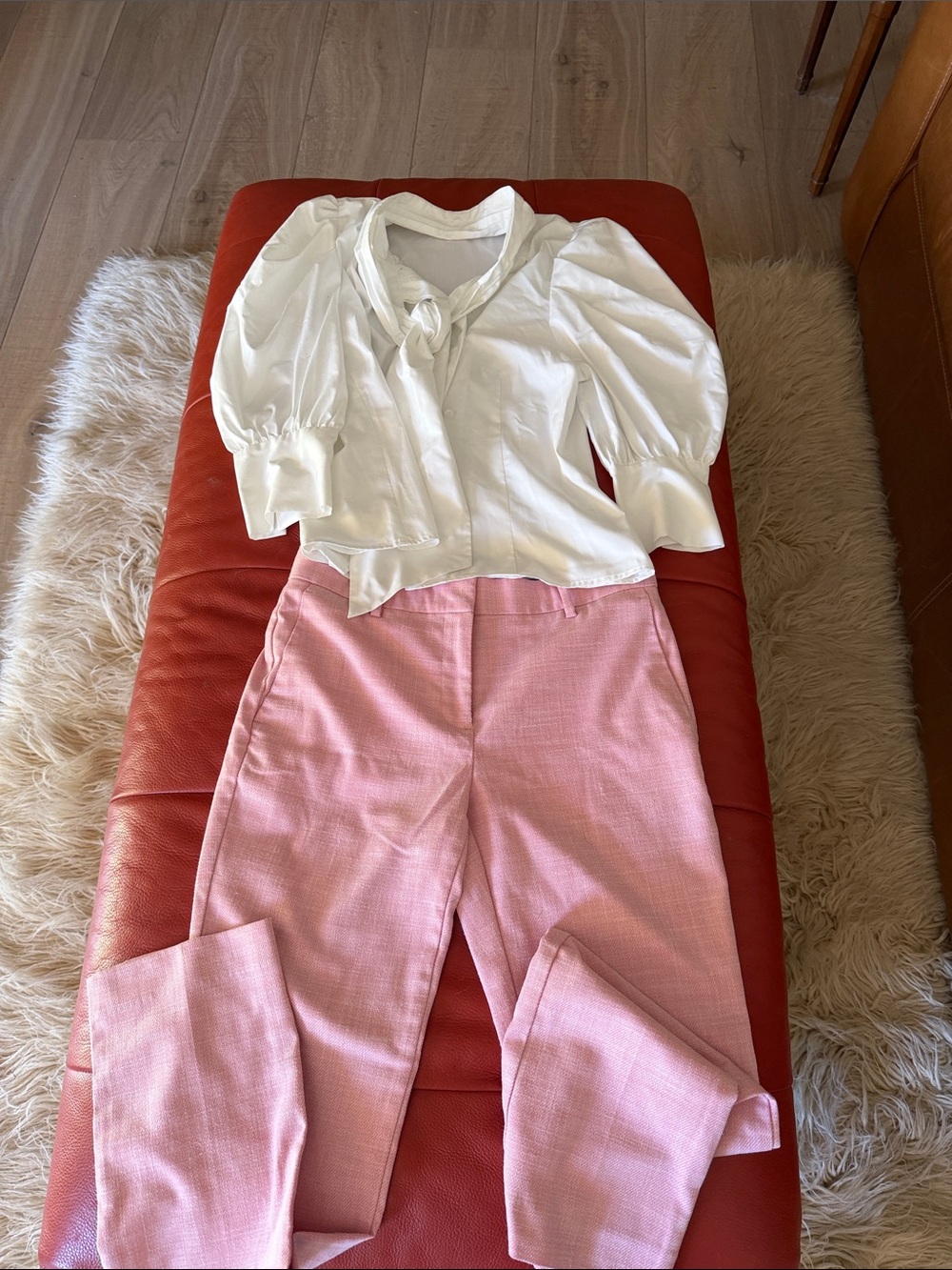 Women’s Pink Banana Republic Pants & White Tie-Neck SNIDEL Blouse - size 2-4